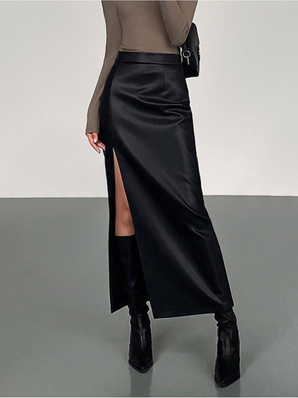Side Split PU Leather Midi Skirt